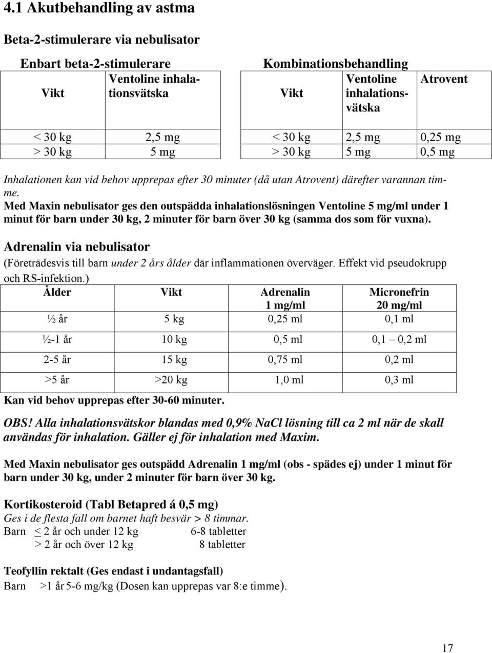 Med Maxin nebulisator ges den outspädda inhalationslösningen Ventoline 5 mg/ml under 1 minut för barn under 30 kg, 2 minuter för barn över 30 kg (samma dos som för vuxna).