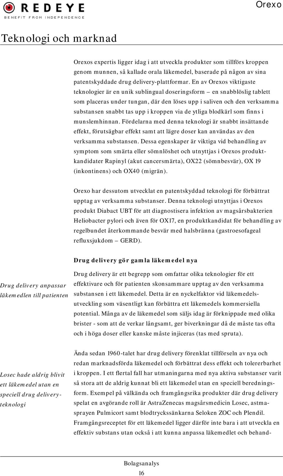 En av Orexos viktigaste teknologier är en unik sublingual doseringsform en snabblöslig tablett som placeras under tungan, där den löses upp i saliven och den verksamma substansen snabbt tas upp i