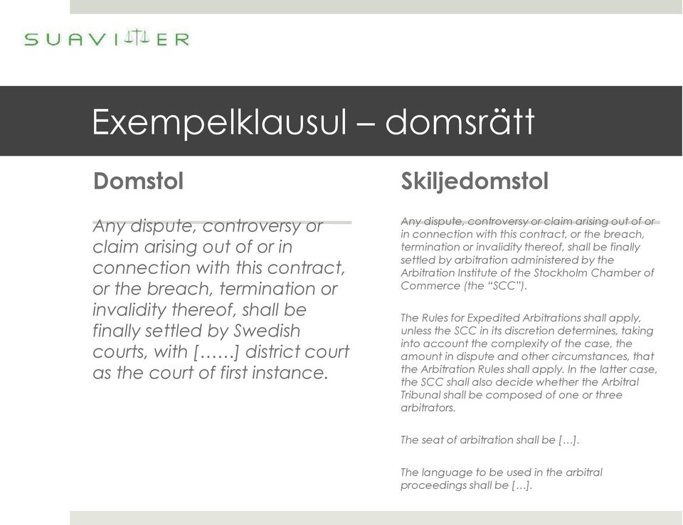 Skiljedomstol Any dispute, controversy or claim arising out of or in connection with this contract, or the breach, termination or invalidity thereof, shall be finally settled by arbitration