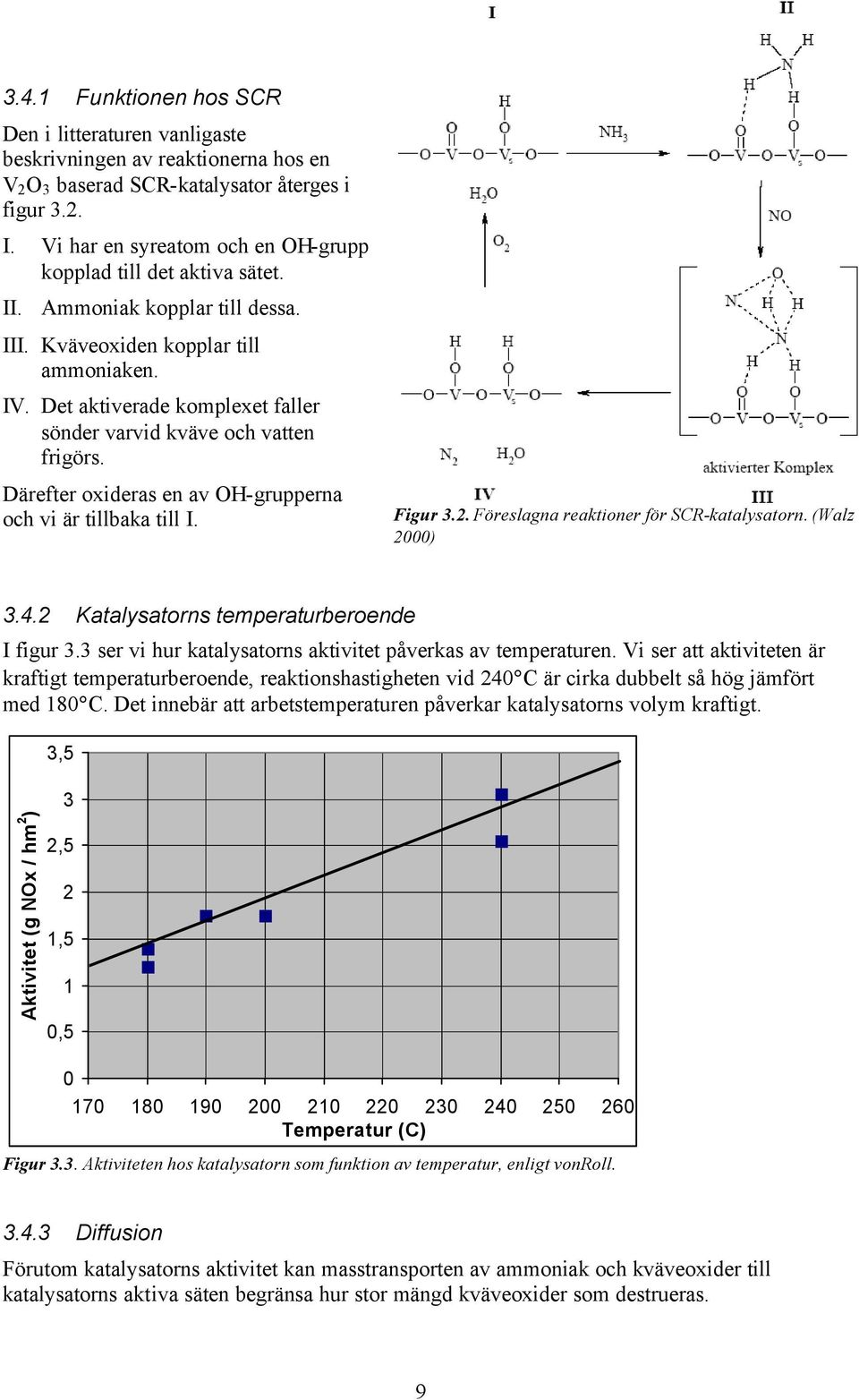 Det aktiverade komplexet faller sönder varvid kväve och vatten frigörs. Därefter oxideras en av OH-grupperna och vi är tillbaka till I. Figur 3.2. Föreslagna reaktioner för SCR-katalysatorn.