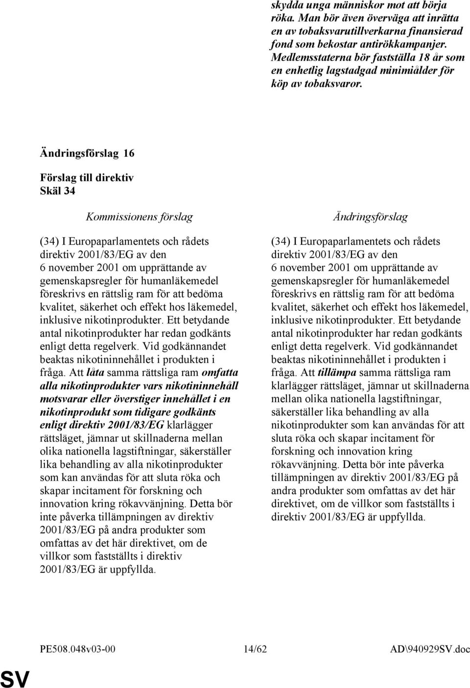 16 Skäl 34 (34) I Europaparlamentets och rådets direktiv 2001/83/EG av den 6 november 2001 om upprättande av gemenskapsregler för humanläkemedel föreskrivs en rättslig ram för att bedöma kvalitet,