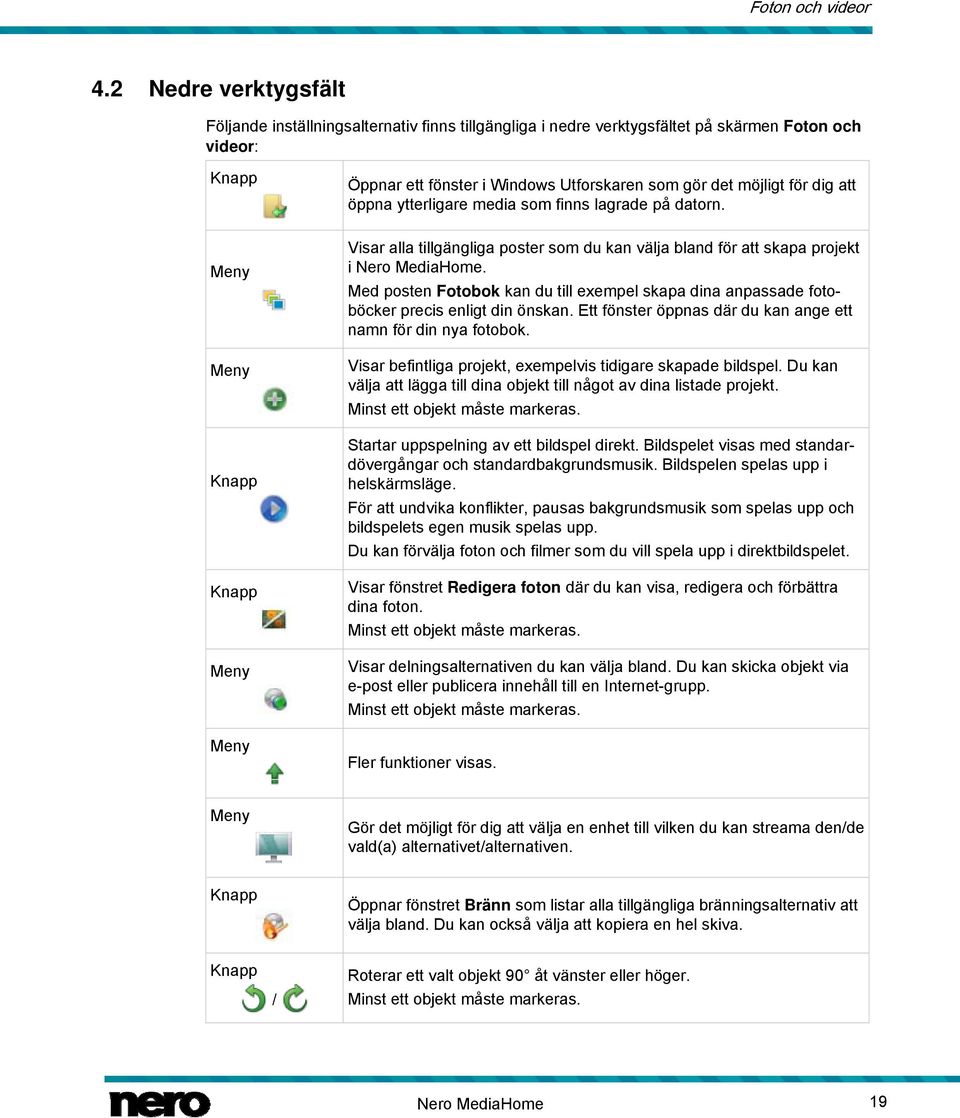 öppna ytterligare media som finns lagrade på datorn. Meny Meny Meny Meny Visar alla tillgängliga poster som du kan välja bland för att skapa projekt i Nero MediaHome.