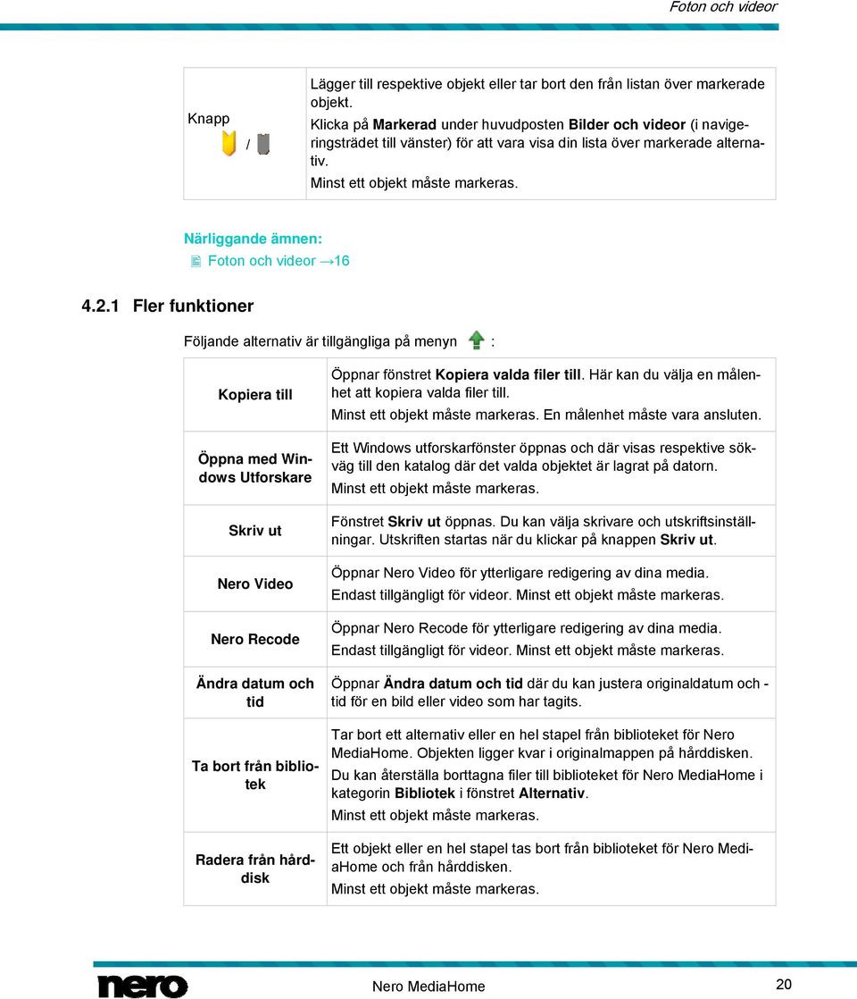 2.1 Fler funktioner Följande alternativ är tillgängliga på menyn : Kopiera till Öppna med Windows Utforskare Skriv ut Nero Video Nero Recode Ändra datum och tid Ta bort från bibliotek Radera från