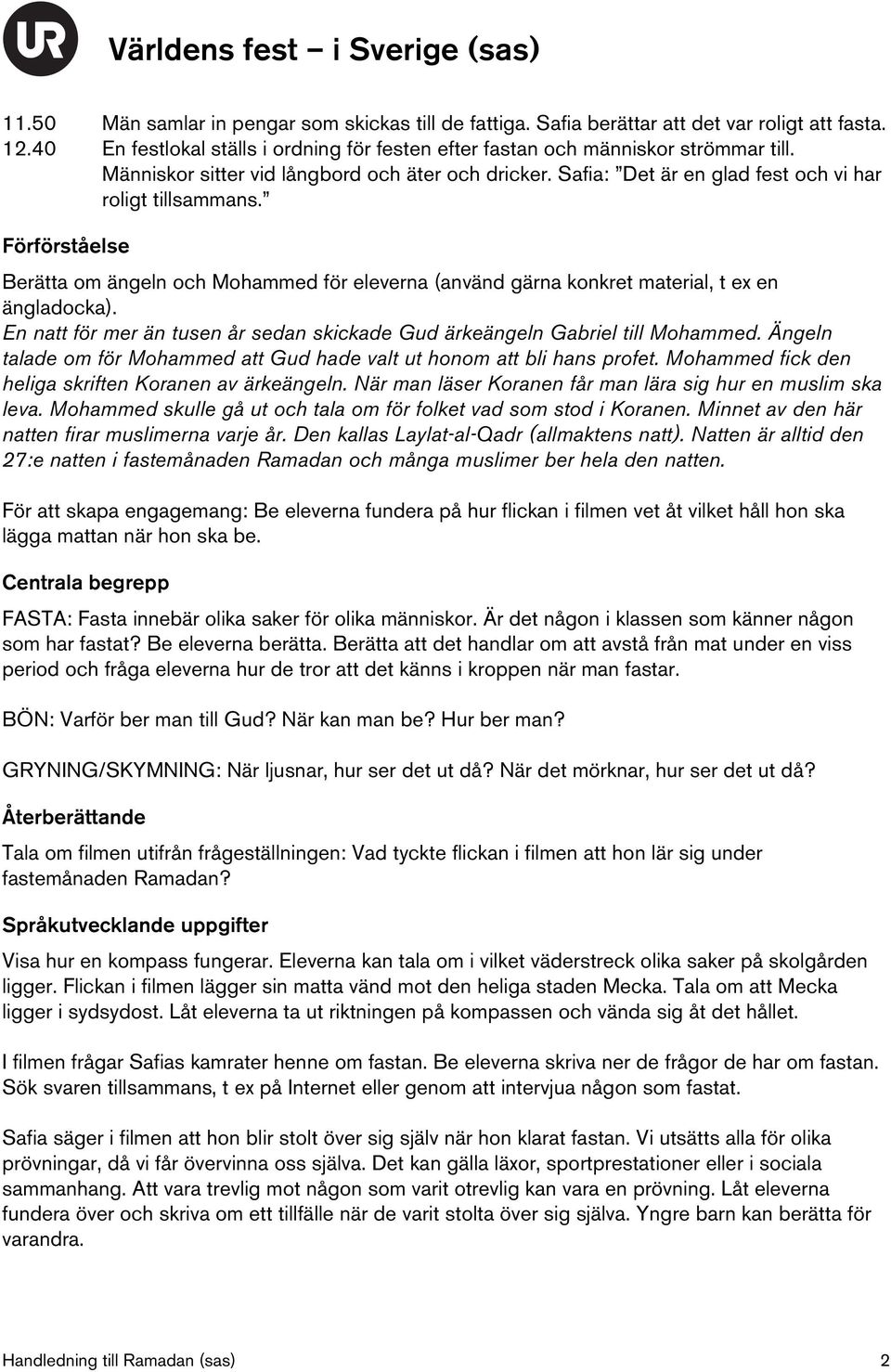 Förförståelse Berätta om ängeln och Mohammed för eleverna (använd gärna konkret material, t ex en ängladocka). En natt för mer än tusen år sedan skickade Gud ärkeängeln Gabriel till Mohammed.