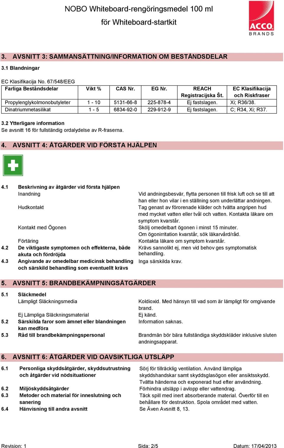 2 Ytterligare information Se avsnitt 16 för fullständig ordalydelse av R-fraserna. 4. AVSNITT 4: ÅTGÄRDER VID FÖRSTA HJÄLPEN 4.