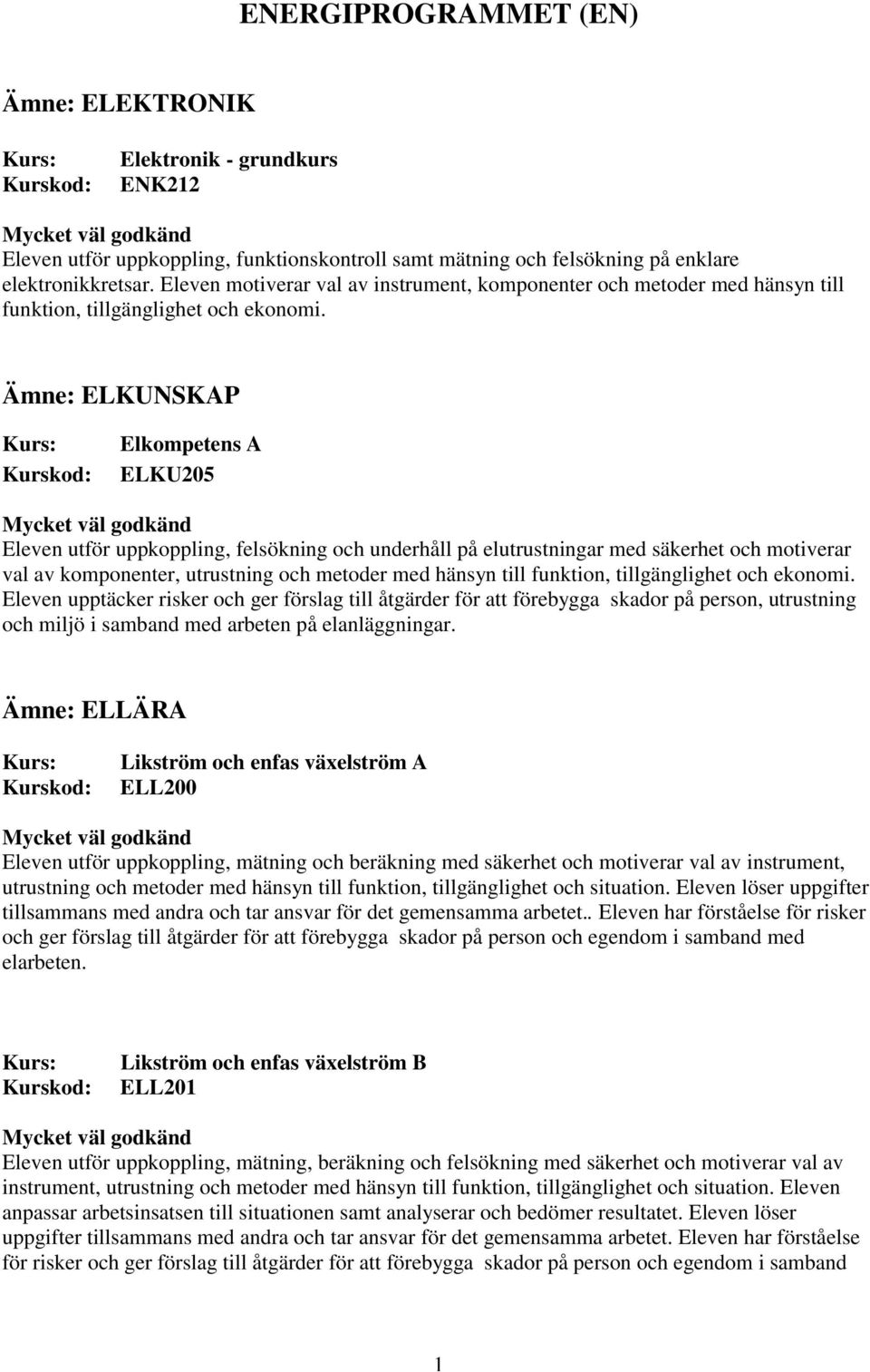 Ämne: ELKUNSKAP Elkompetens A ELKU205 Eleven utför uppkoppling, felsökning och underhåll på elutrustningar med säkerhet och motiverar val av komponenter, utrustning och metoder med hänsyn till