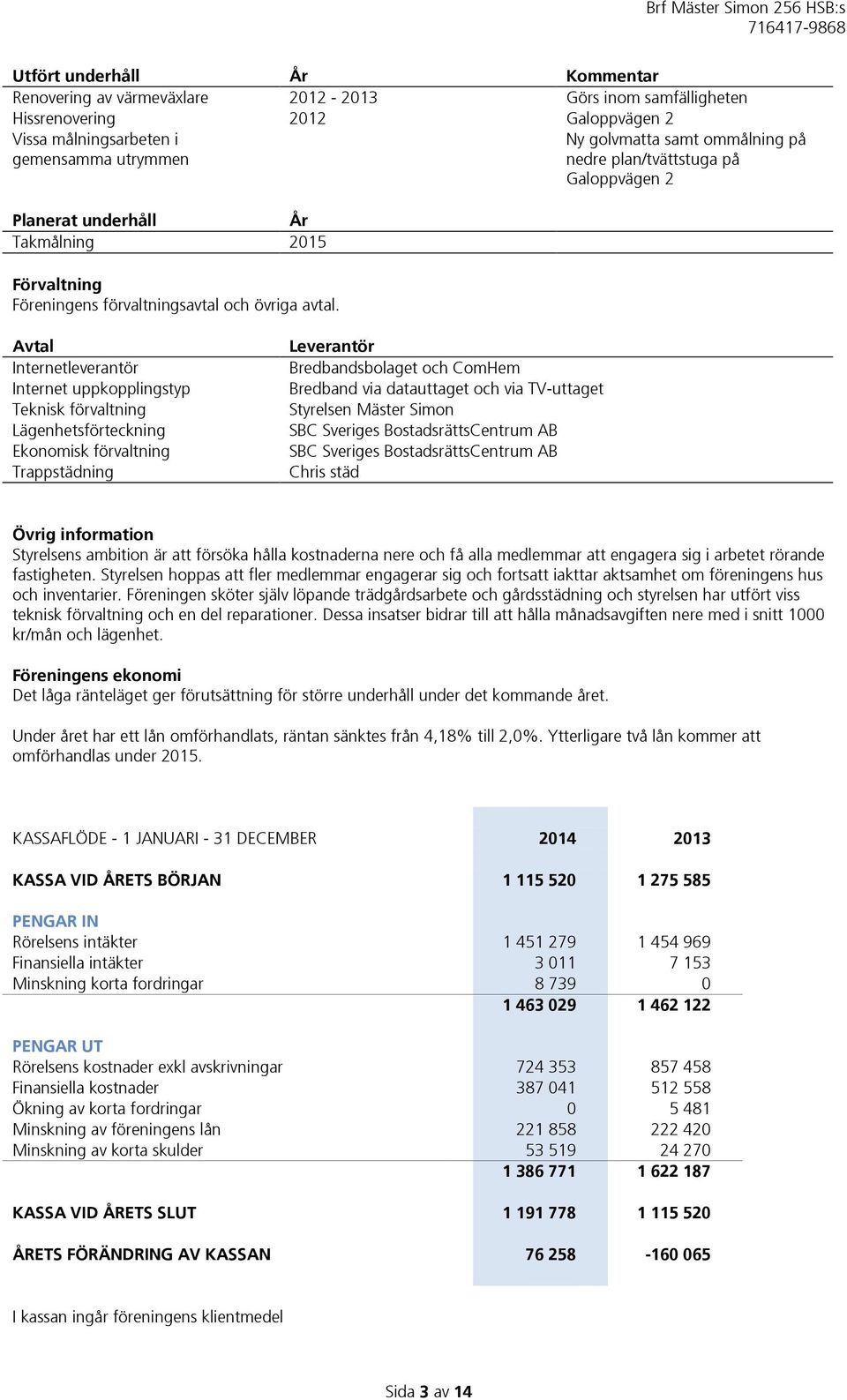 Ny golvmatta samt ommålning på nedre plan/tvättstuga på Galoppvägen 2 Avtal Internetleverantör Internet uppkopplingstyp Teknisk förvaltning Lägenhetsförteckning Ekonomisk förvaltning Trappstädning