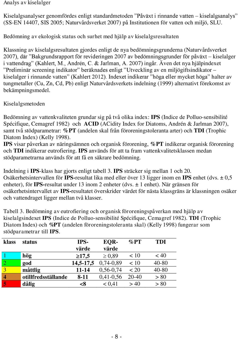 Bedömning av ekologisk status och surhet med hjälp av kiselalgsresultaten Klassning av kiselalgsresultaten gjordes enligt de nya bedömningsgrunderna (Naturvårdsverket 2007), där Bakgrundsrapport för