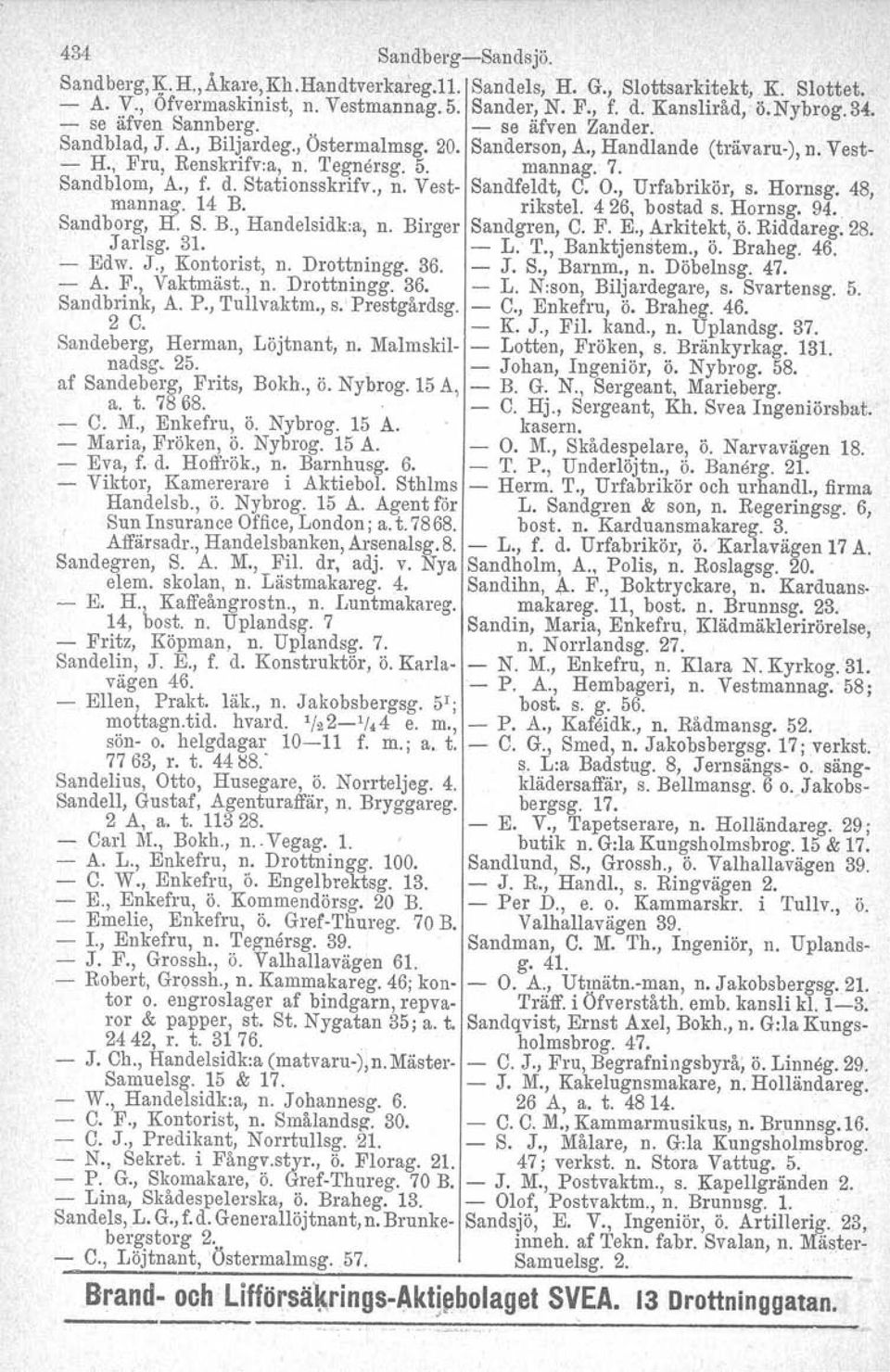 Stationsskrifv., n. Vest Sandfeldt, C. O., Urfabrikör, s. Hornsg, 48, mannag. 14 B. rikstel. 426, bostad s. Hornsg. 91. Sandborg, H. S. B., Handelsidk:a, n. Birger Sandgren, C. F. E., Arkitekt, ö.