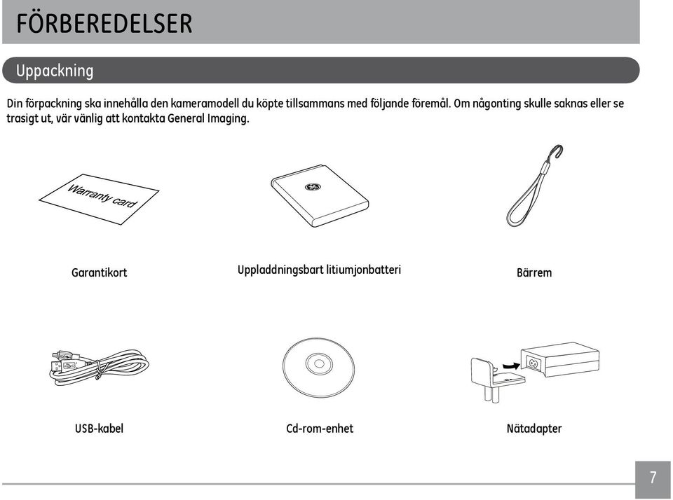 Om någonting skulle saknas eller se trasigt ut, vär vänlig att kontakta