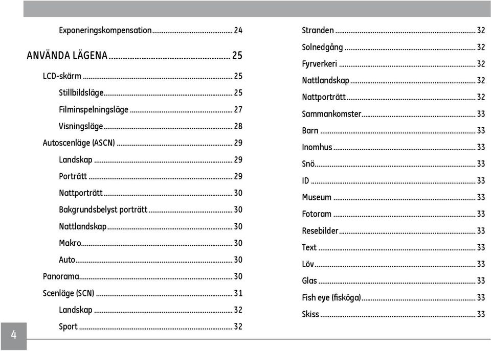 .. 30 Scenläge (SCN)... 31 Landskap... 32 Sport... 32 Stranden... 32 Solnedgång... 32 Fyrverkeri... 32 Nattlandskap... 32 Nattporträtt... 32 Sammankomster.