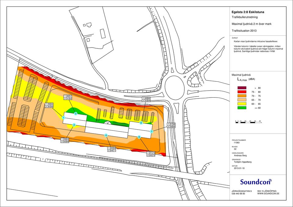 Samtliga ljudnivåer redovisas i frifält Maximal ljudnivå L A,max (dba) > 80 75-80 1 58 64 2 60 68 1 46 57 2 51 62 1 49 60 2 53 64 70-75 65-70 60-65 <= 60 3 1 2 6 1 57 68