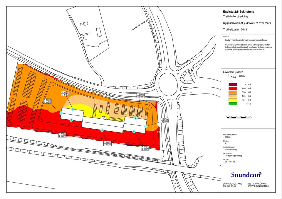Samtliga ljudnivåer redovisas i frifält Ekvivalent ljudnivå L A,eq (dba) > 65 60-65 1 58 64 2 60 68 1 46 57 2 51 62 1 49 60 2 53 64 55-60 50-55 45-50 <= 45 3 1 2 6 1 57 68 2
