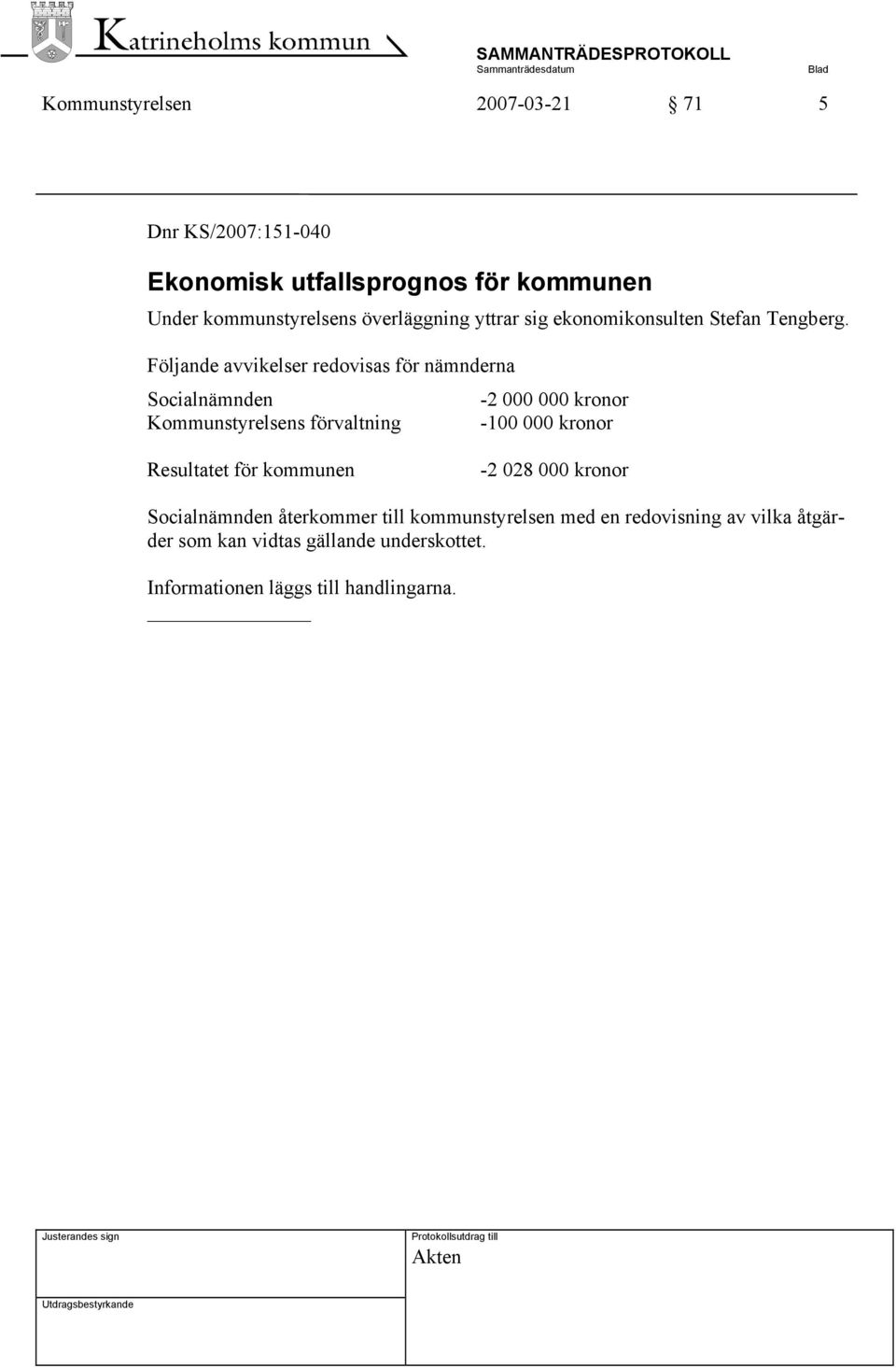 Följande avvikelser redovisas för nämnderna Socialnämnden -2 000 000 kronor Kommunstyrelsens förvaltning -100 000 kronor