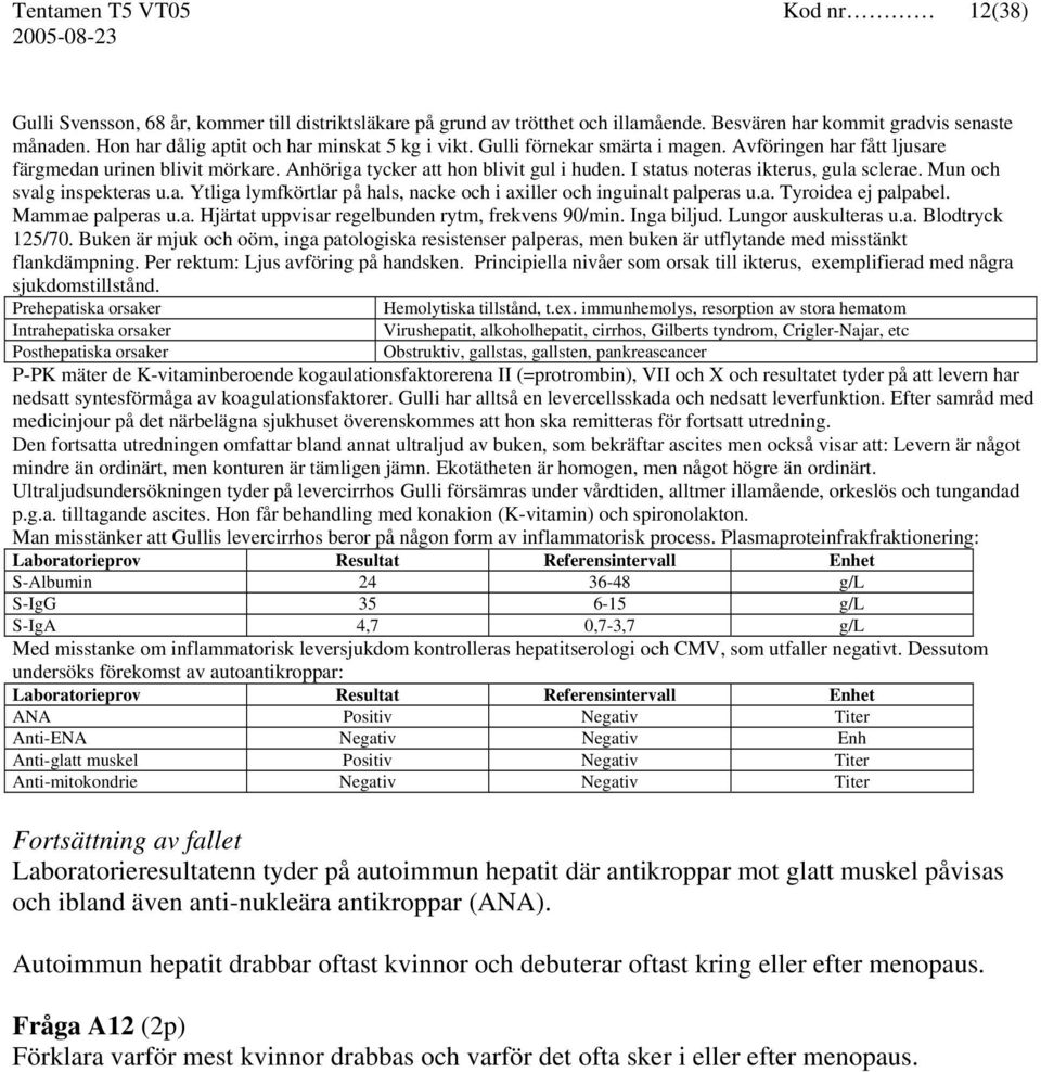 I status noteras ikterus, gula sclerae. Mun och svalg inspekteras u.a. Ytliga lymfkörtlar på hals, nacke och i axiller och inguinalt palperas u.a. Tyroidea ej palpabel. Mammae palperas u.a. Hjärtat uppvisar regelbunden rytm, frekvens 90/min.