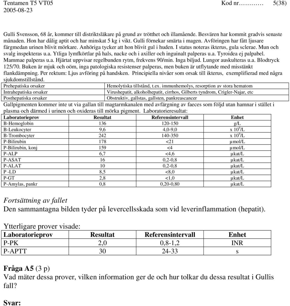 I status noteras ikterus, gula sclerae. Mun och svalg inspekteras u.a. Ytliga lymfkörtlar på hals, nacke och i axiller och inguinalt palperas u.a. Tyroidea ej palpabel. Mammae palperas u.a. Hjärtat uppvisar regelbunden rytm, frekvens 90/min.