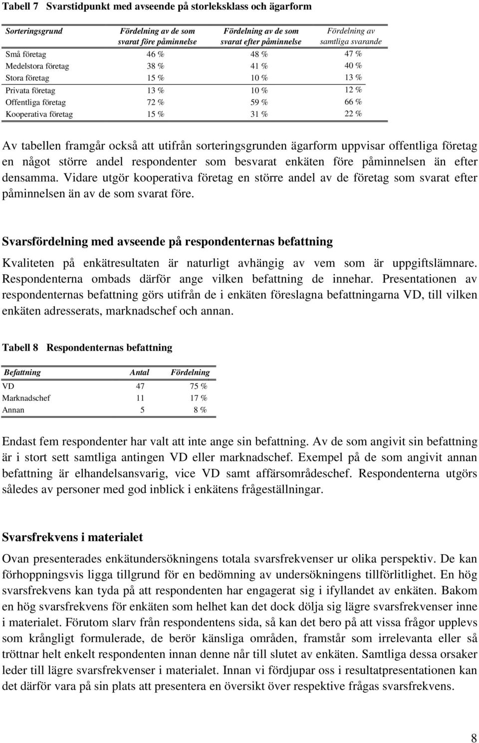 Av tabellen framgår också att utifrån sorteringsgrunden ägarform uppvisar offentliga företag en något större andel respondenter som besvarat enkäten före påminnelsen än efter densamma.