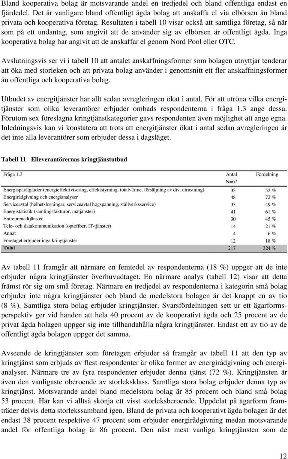 Resultaten i tabell 10 visar också att samtliga företag, så när som på ett undantag, som angivit att de använder sig av elbörsen är offentligt ägda.