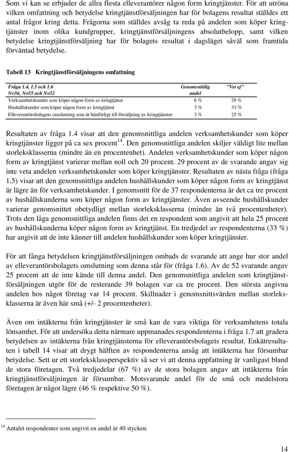 Frågorna som ställdes avsåg ta reda på andelen som köper kringtjänster inom olika kundgrupper, kringtjänstförsäljningens absolutbelopp, samt vilken betydelse kringtjänstförsäljning har för bolagets