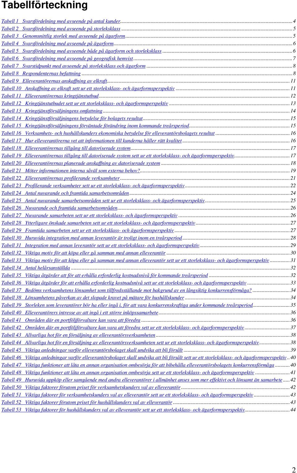 ..7 Tabell 7 Svarstidpunkt med avseende på storleksklass och ägarform...8 Tabell 8 Respondenternas befattning...8 Tabell 9 Elleverantörernas anskaffning av elkraft.