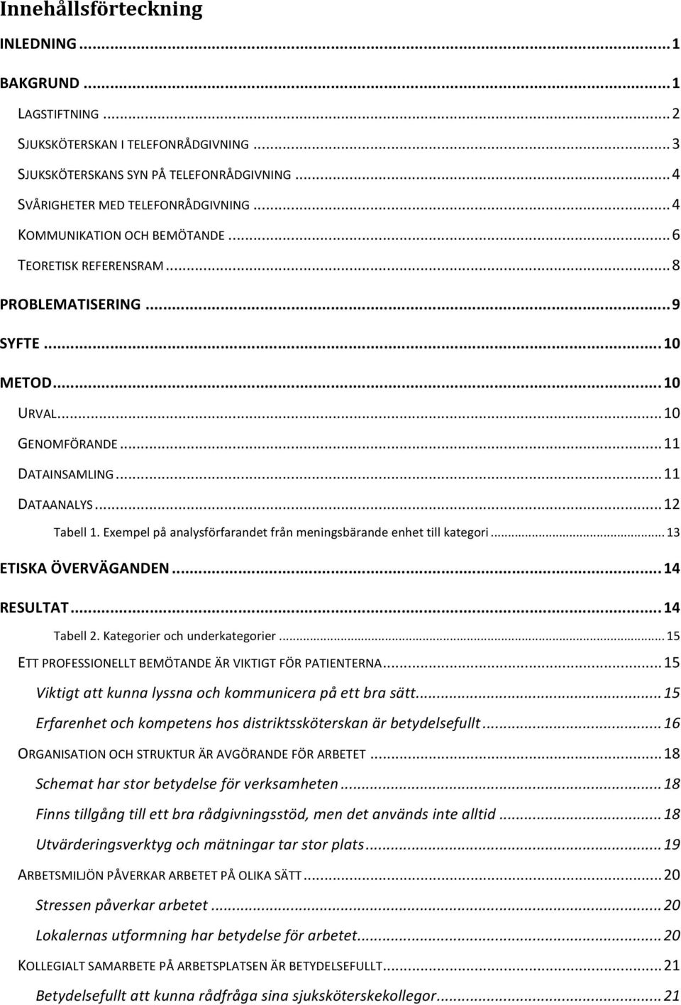 Exempel på analysförfarandet från meningsbärande enhet till kategori... 13 ETISKA ÖVERVÄGANDEN... 14 RESULTAT... 14 Tabell 2. Kategorier och underkategorier.