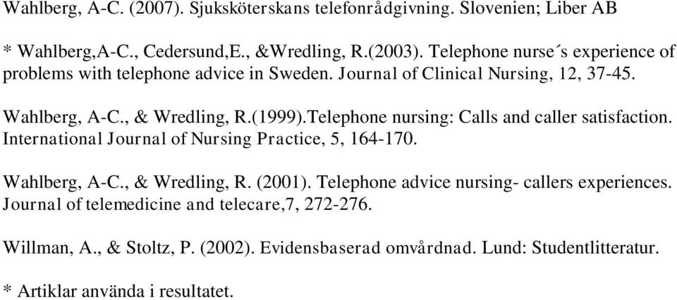Telephone nursing: Calls and caller satisfaction. International Journal of Nursing Practice, 5, 164-170. Wahlberg, A-C., & Wredling, R. (2001).