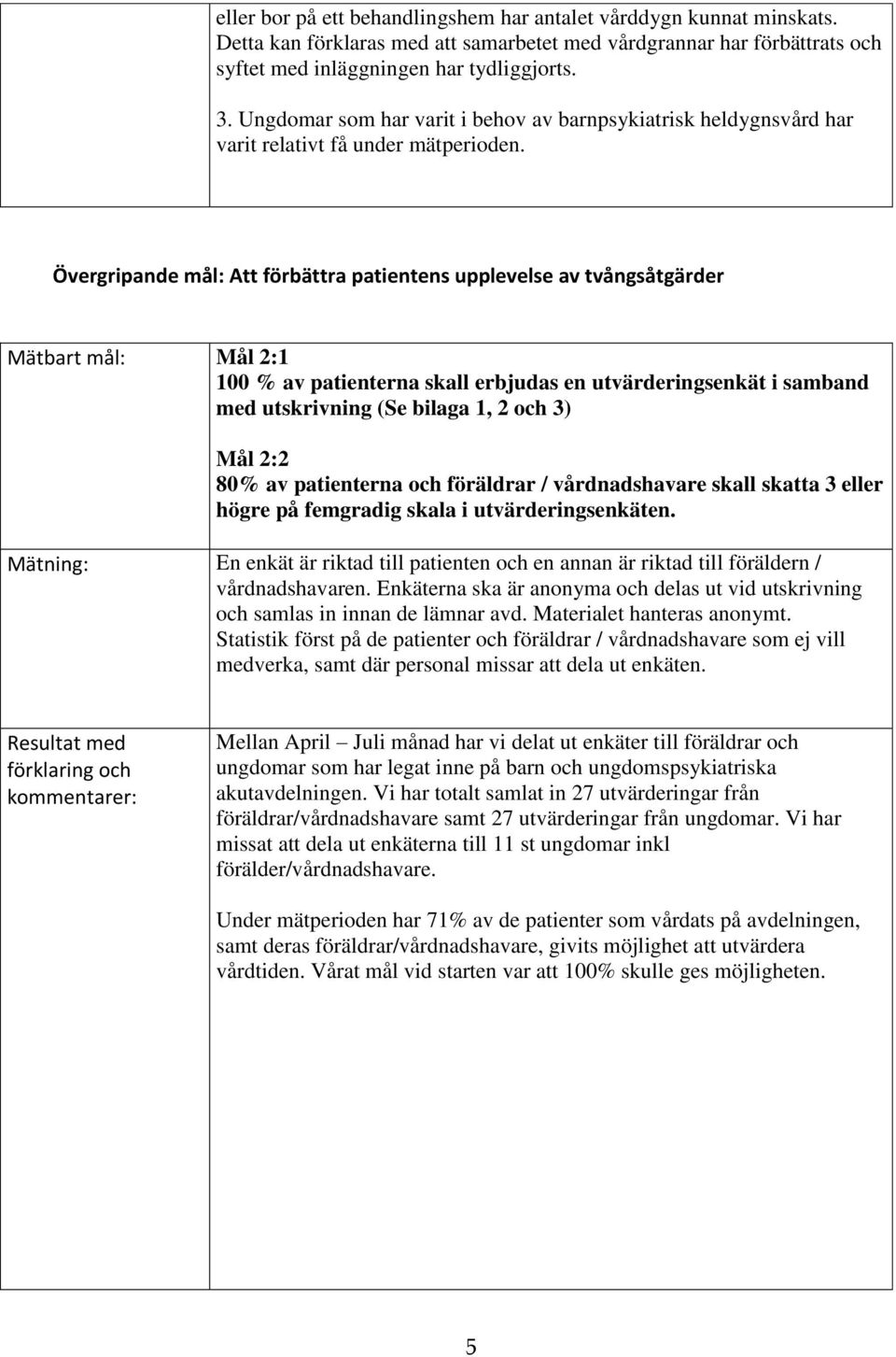 Övergripande mål: Att förbättra patientens upplevelse av tvångsåtgärder Mätbart mål: Mål 2:1 100 % av patienterna skall erbjudas en utvärderingsenkät i samband med utskrivning (Se bilaga 1, 2 och 3)