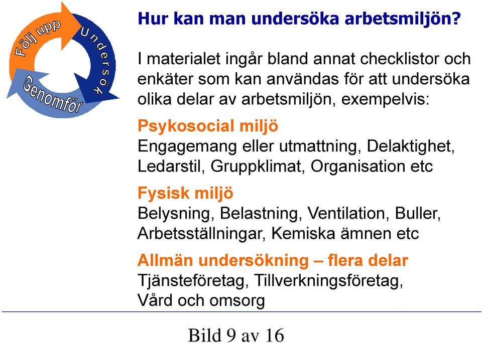 arbetsmiljön, exempelvis: Psykosocial miljö Engagemang eller utmattning, Delaktighet, Ledarstil, Gruppklimat,