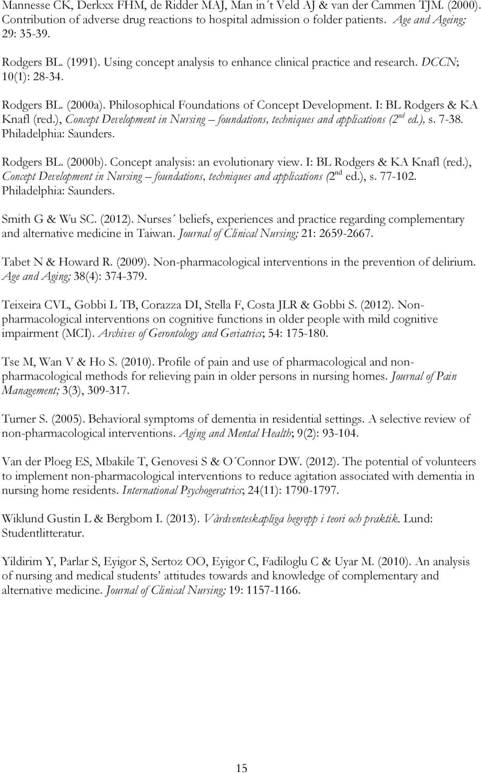 I: BL Rodgers & KA Knafl (red.), Concept Development in Nursing foundations, techniques and applications (2 nd ed.), s. 7-38. Philadelphia: Saunders. Rodgers BL. (2000b).