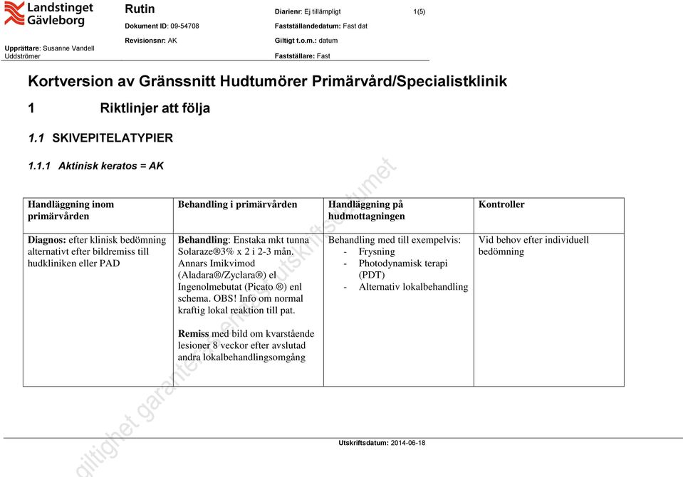 Annars Imikvimod (Aladara /Zyclara ) el Ingenolmebutat (Picato ) enl schema. OBS! Info om normal kraftig lokal reaktion till pat.