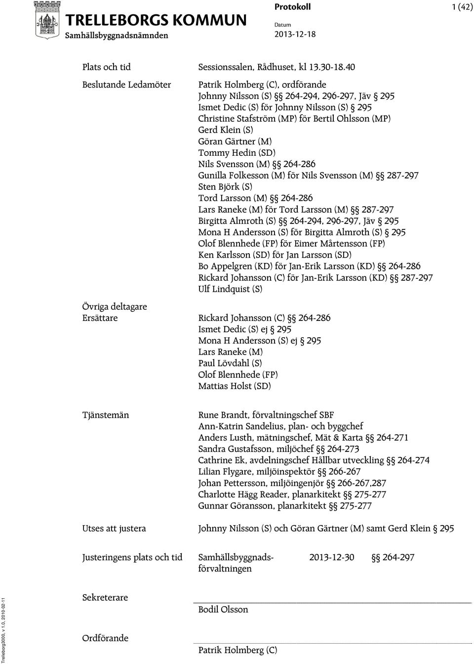 (S) Göran Gärtner (M) Tommy Hedin (SD) Nils Svensson (M) 264-286 Gunilla Folkesson (M) för Nils Svensson (M) 287-297 Sten Björk (S) Tord Larsson (M) 264-286 Lars Raneke (M) för Tord Larsson (M)