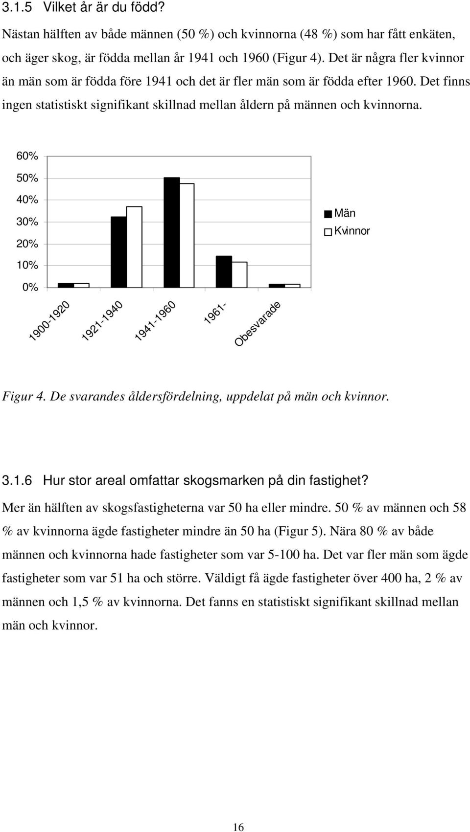 60% 50% 40% 30% 20% 10% Män Kvinnor 0% 1900-1920 1921-1940 1941-1960 1961- Obesvarade Figur 4. De svarandes åldersfördelning, uppdelat på män och kvinnor. 3.1.6 Hur stor areal omfattar skogsmarken på din fastighet?