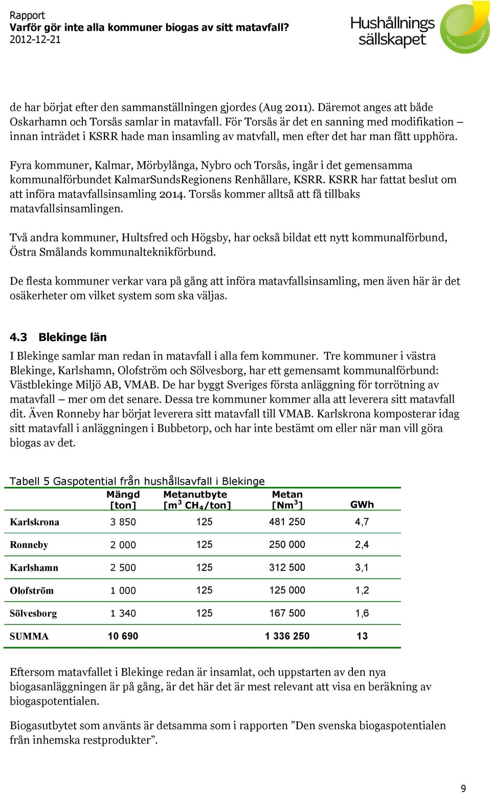 Fyra kommuner, Kalmar, Mörbylånga, Nybro och Torsås, ingår i det gemensamma kommunalförbundet KalmarSundsRegionens Renhållare, KSRR. KSRR har fattat beslut om att införa matavfallsinsamling 2014.