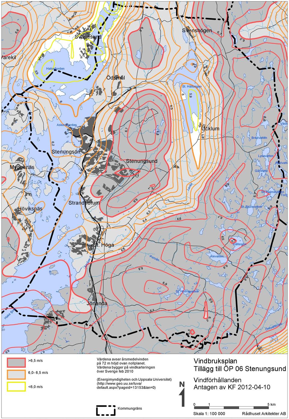 >6,5 m/s 6,0-6,5 m/s <6,0 m/s Vallby å Värdena avser årsmedelvinden på Kode 72 m höjd ovan nollplanet.