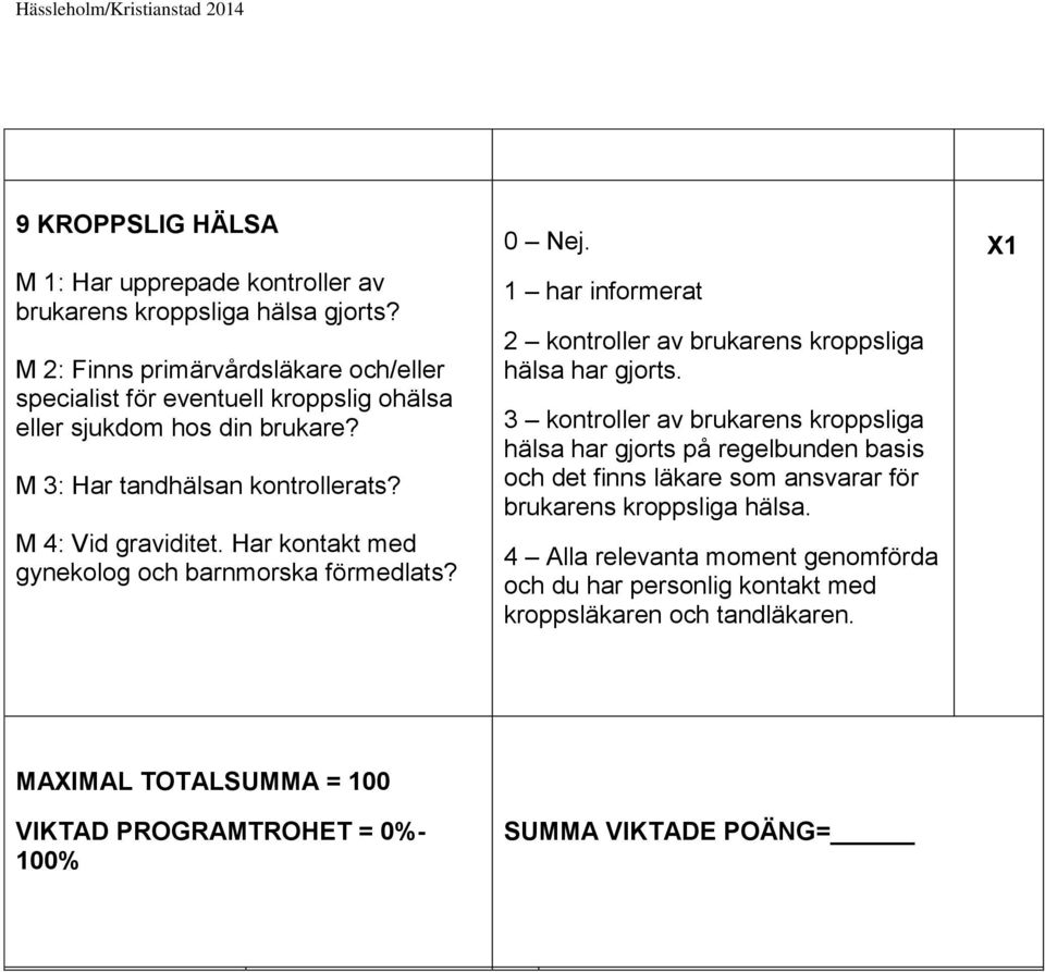 Har kontakt med gynekolog och barnmorska förmedlats? 0 Nej. 1 har informerat 2 kontroller av brukarens kroppsliga hälsa har gjorts.