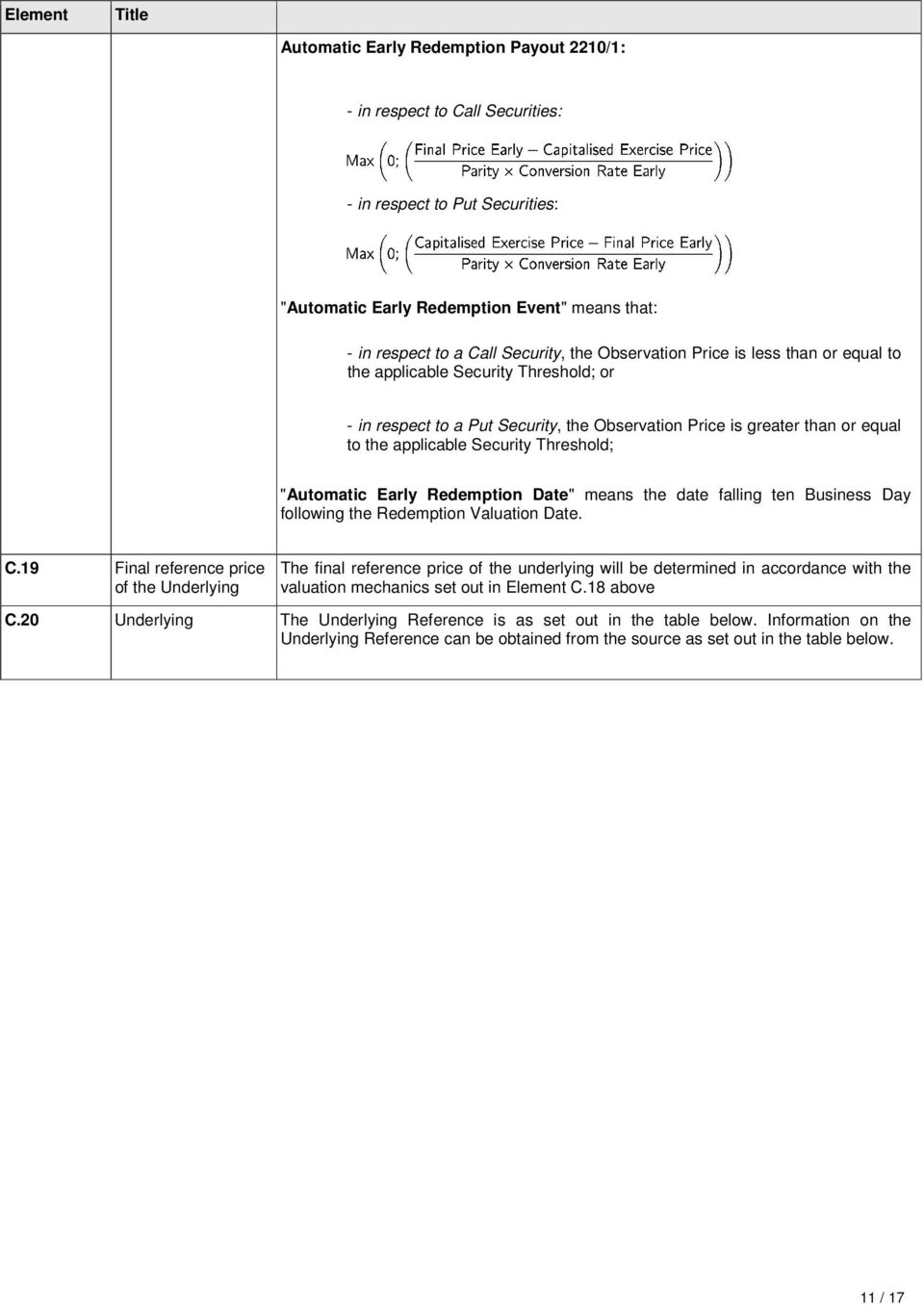 Security Threshold; "Automatic Early Redemption Date" means the date falling ten Business Day following the Redemption Valuation Date. C.