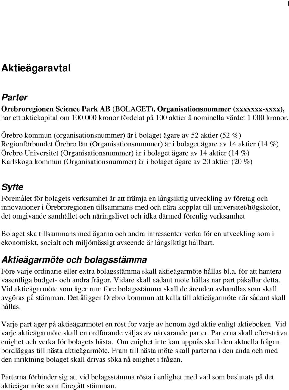 (Organisationsnummer) är i bolaget ägare av 14 aktier (14 %) Karlskoga kommun (Organisationsnummer) är i bolaget ägare av 20 aktier (20 %) Syfte Föremålet för bolagets verksamhet är att främja en