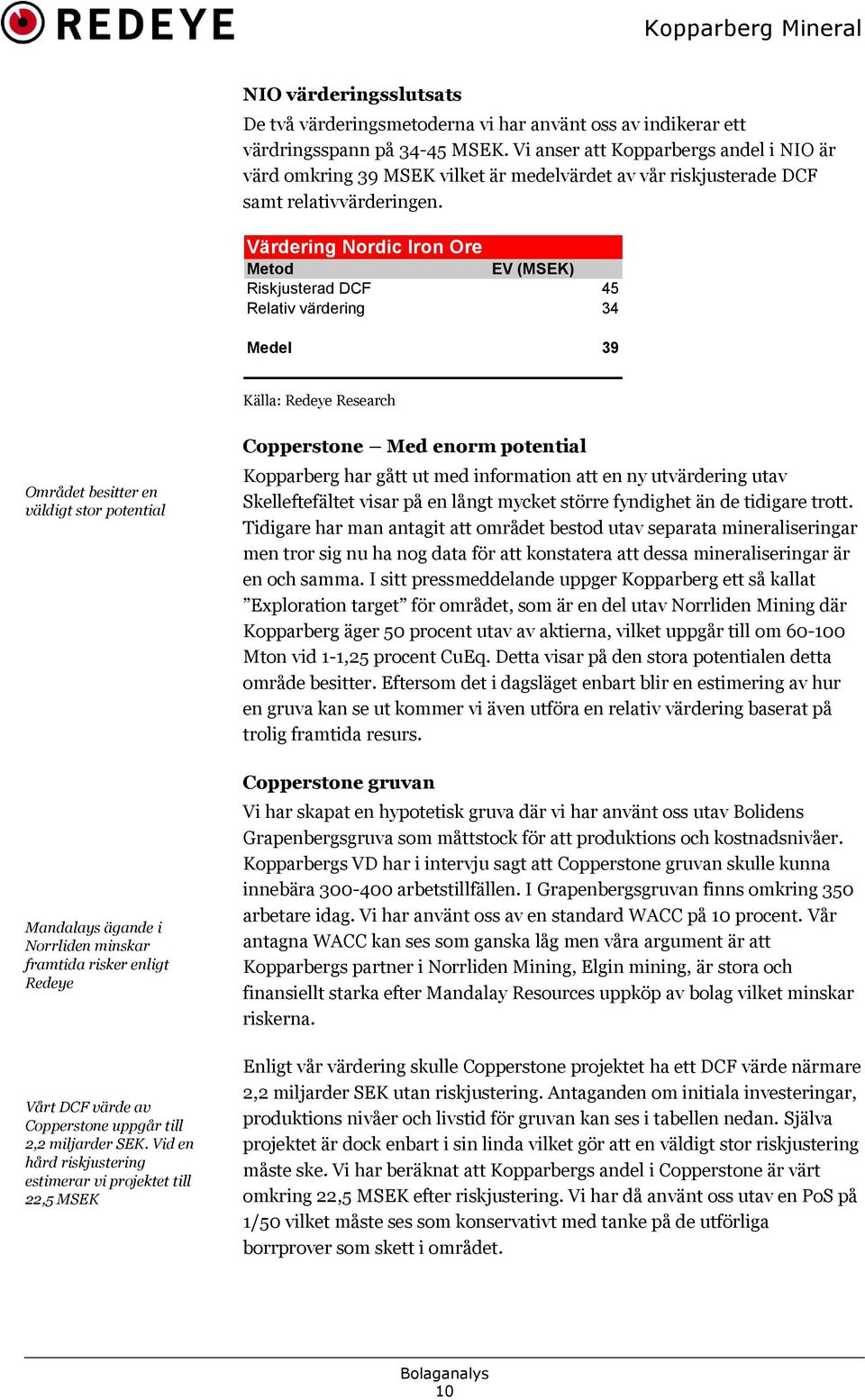 Värdering Nordic Iron Ore Metod EV (MSEK) Riskjusterad DCF 45 Relativ värdering 34 Medel 39 Området besitter en väldigt stor potential Mandalays ägande i Norrliden minskar framtida risker enligt