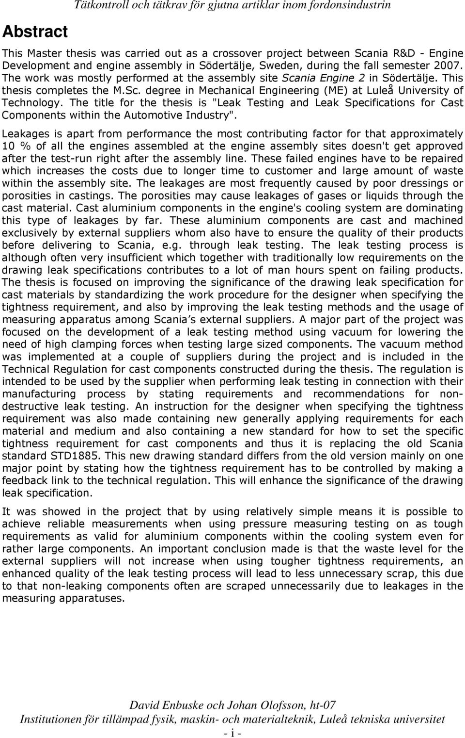 The title for the thesis is "Leak Testing and Leak Specifications for Cast Components within the Automotive Industry".