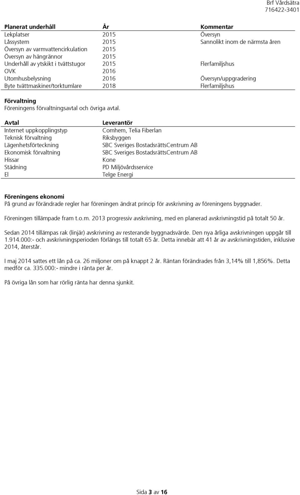 Avtal Internet uppkopplingstyp Teknisk förvaltning Lägenhetsförteckning Ekonomisk förvaltning Hissar Städning El Leverantör Comhem, Telia Fiberlan Riksbyggen SBC Sveriges BostadsrättsCentrum AB SBC