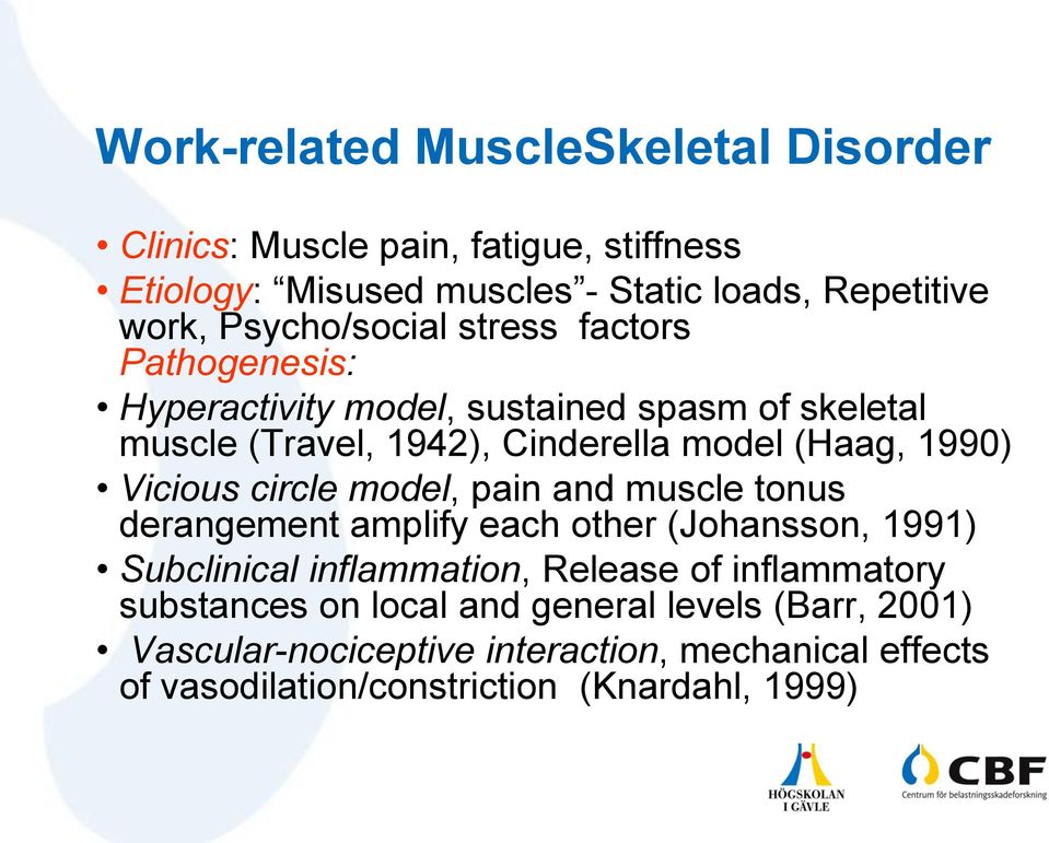 1990) Vicious circle model, pain and muscle tonus derangement amplify each other (Johansson, 1991) Subclinical inflammation, Release of