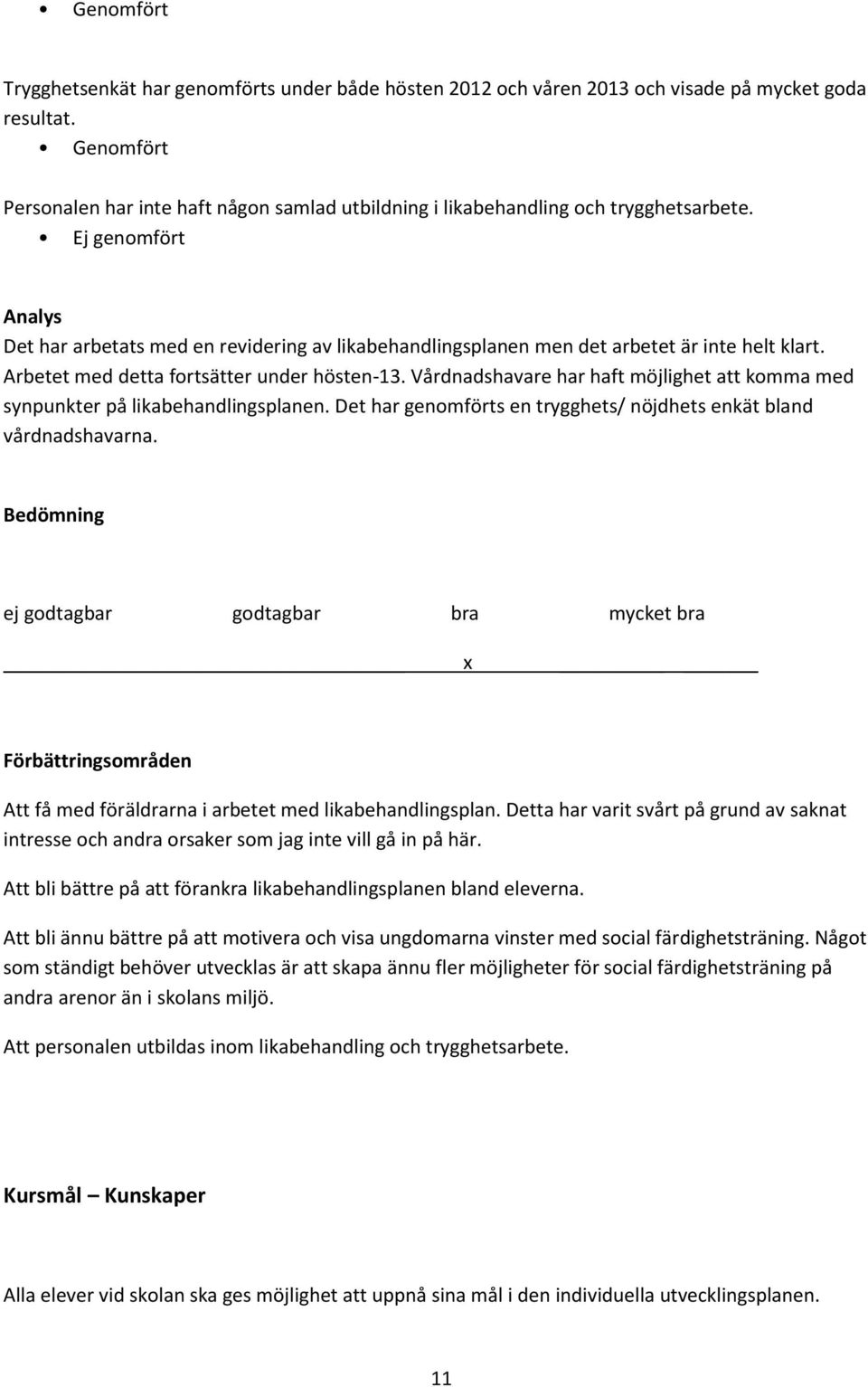 Ej genomfört Analys Det har arbetats med en revidering av likabehandlingsplanen men det arbetet är inte helt klart. Arbetet med detta fortsätter under hösten-13.