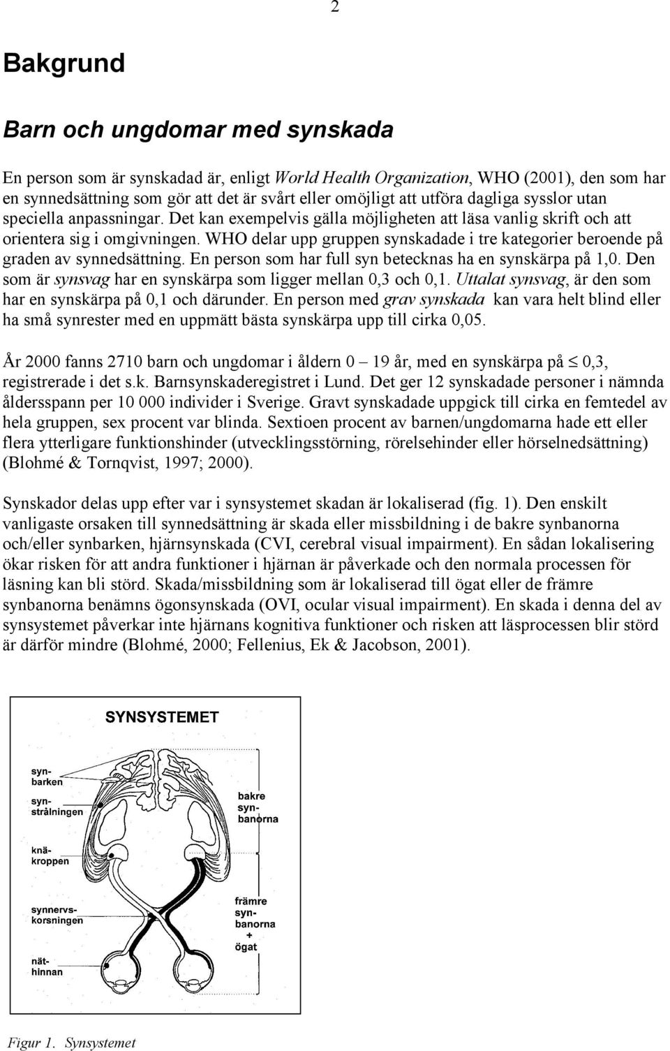 WHO delar upp gruppen synskadade i tre kategorier beroende på graden av synnedsättning. En person som har full syn betecknas ha en synskärpa på 1,0.