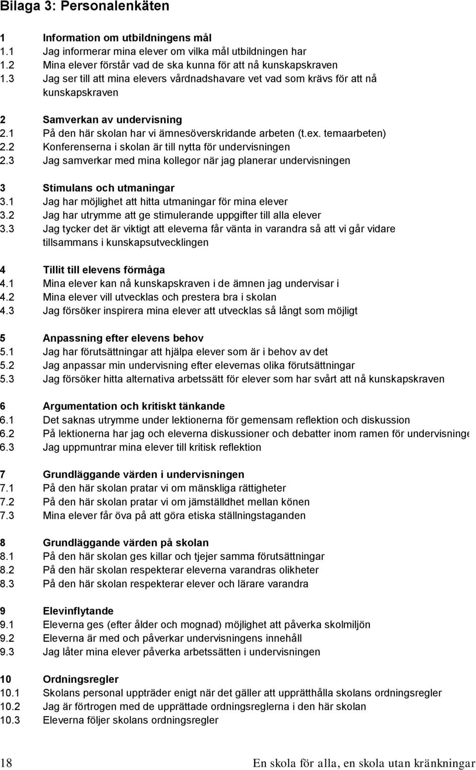 2 Konferenserna i skolan är till nytta för undervisningen 2.3 Jag samverkar med mina kollegor när jag planerar undervisningen 3 Stimulans och utmaningar 3.