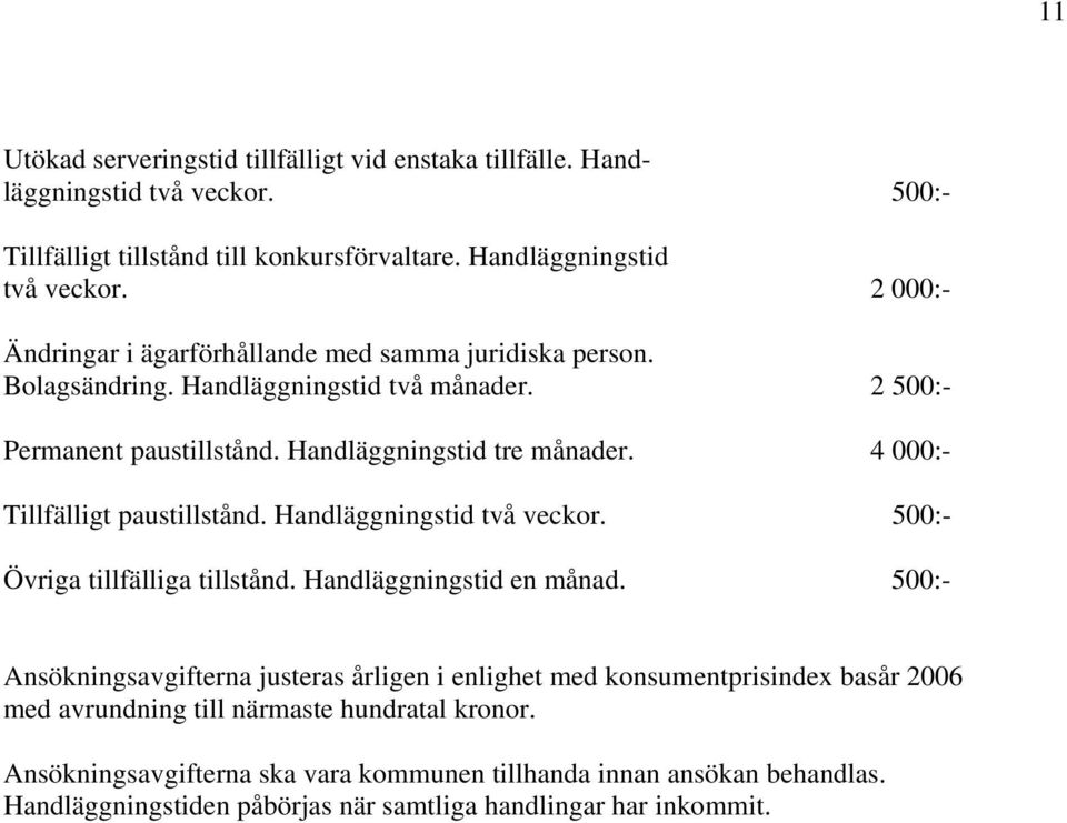 500:- Övriga tillfälliga tillstånd. Handläggningstid en månad.