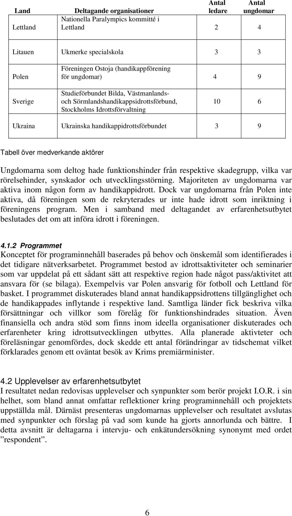 medverkande aktörer Ungdomarna som deltog hade funktionshinder från respektive skadegrupp, vilka var rörelsehinder, synskador och utvecklingsstörning.