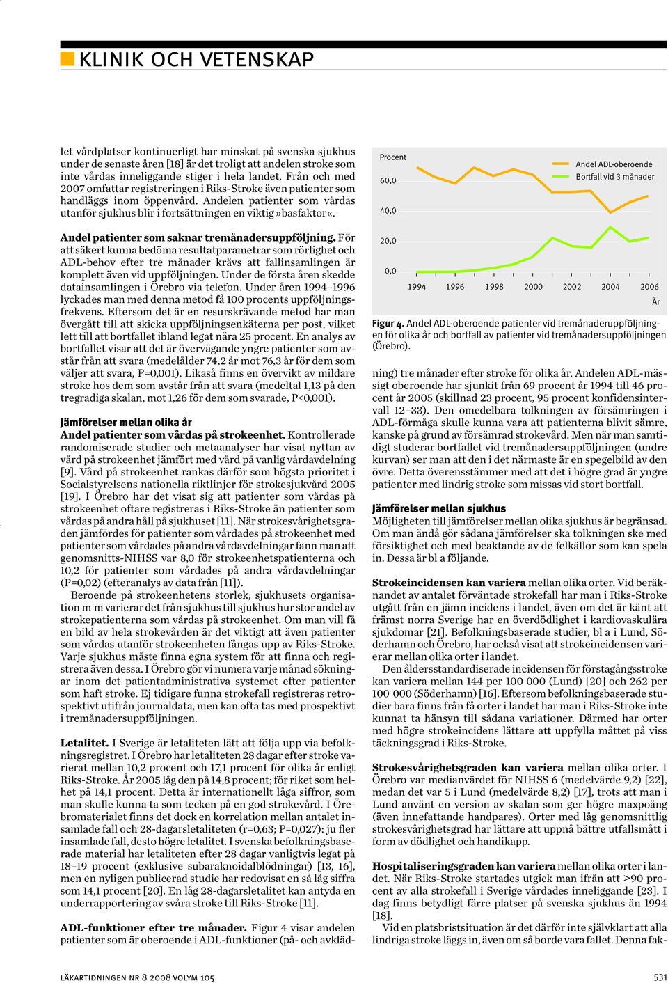 Procent 60,0 40,0 Andel ADL-oberoende Bortfall vid 3 månader Andel patienter som saknar tremånadersuppföljning.