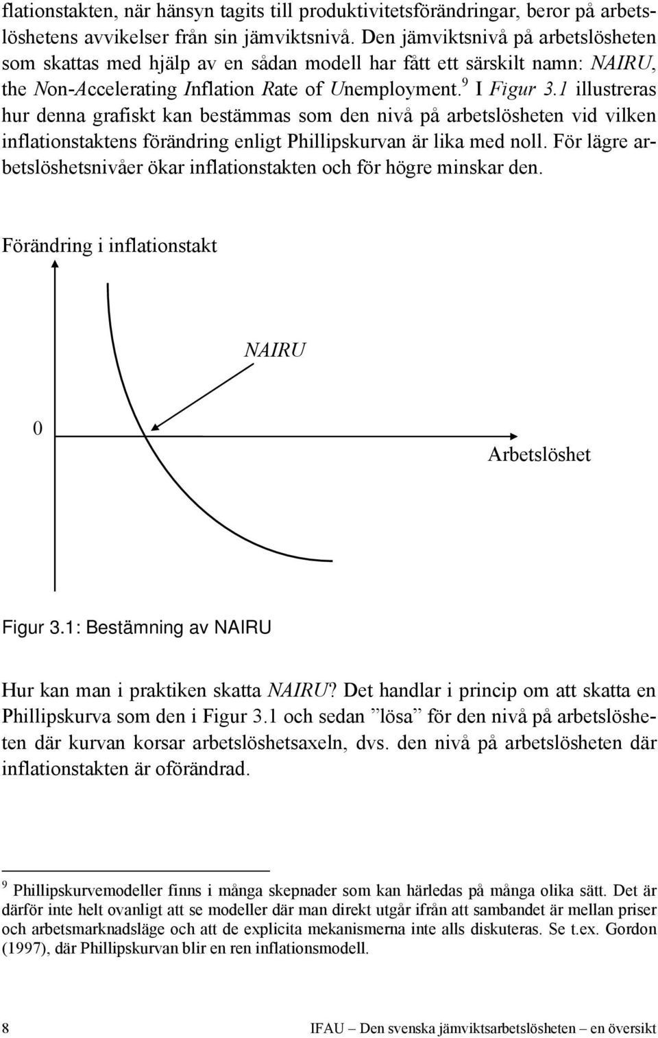 1 illustreras hur denna grafiskt kan bestämmas som den nivå på arbetslösheten vid vilken inflationstaktens förändring enligt Phillipskurvan är lika med noll.