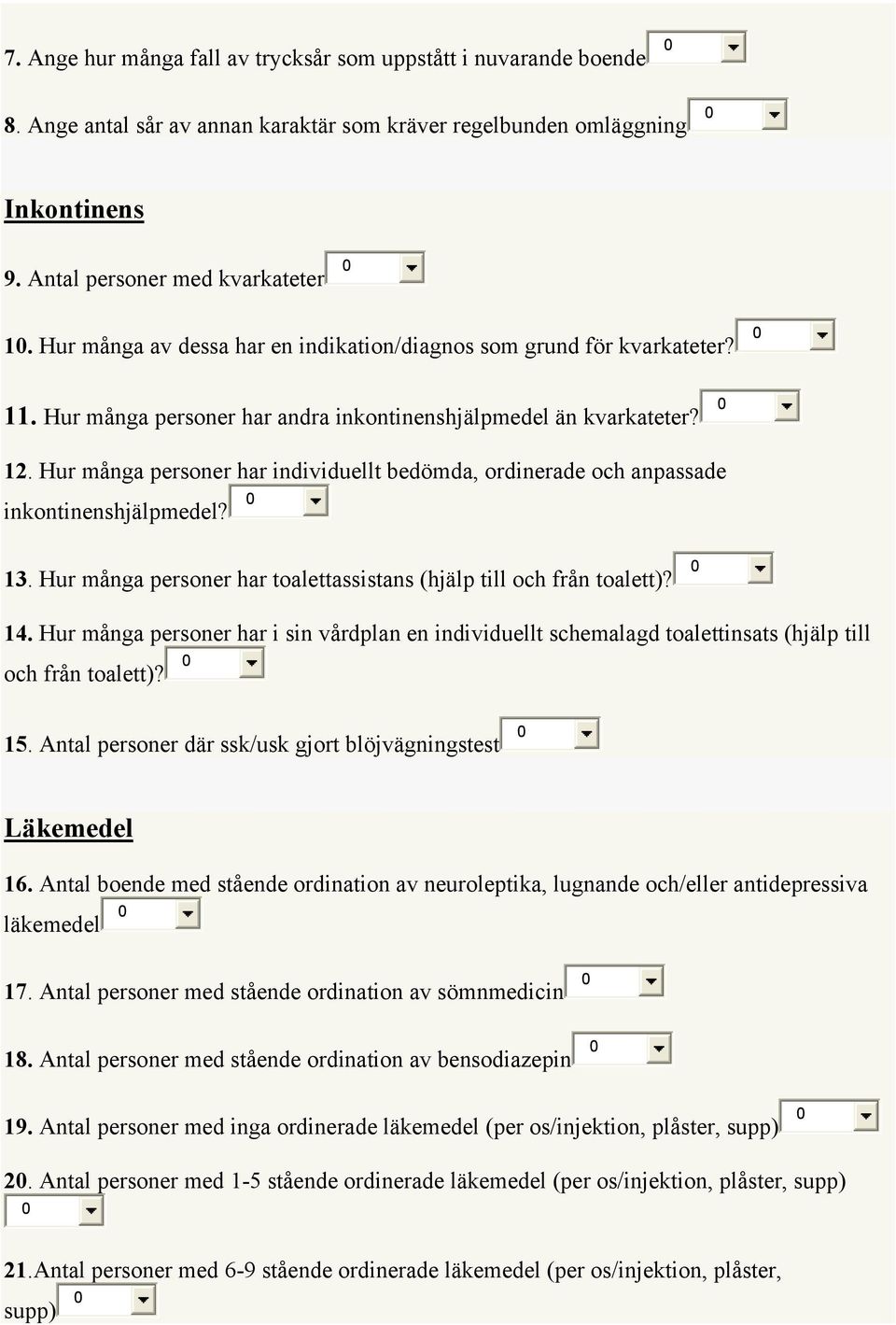 Hur många personer har individuellt bedömda, ordinerade och anpassade inkontinenshjälpmedel? 13. Hur många personer har toalettassistans (hjälp till och från toalett)? 14.