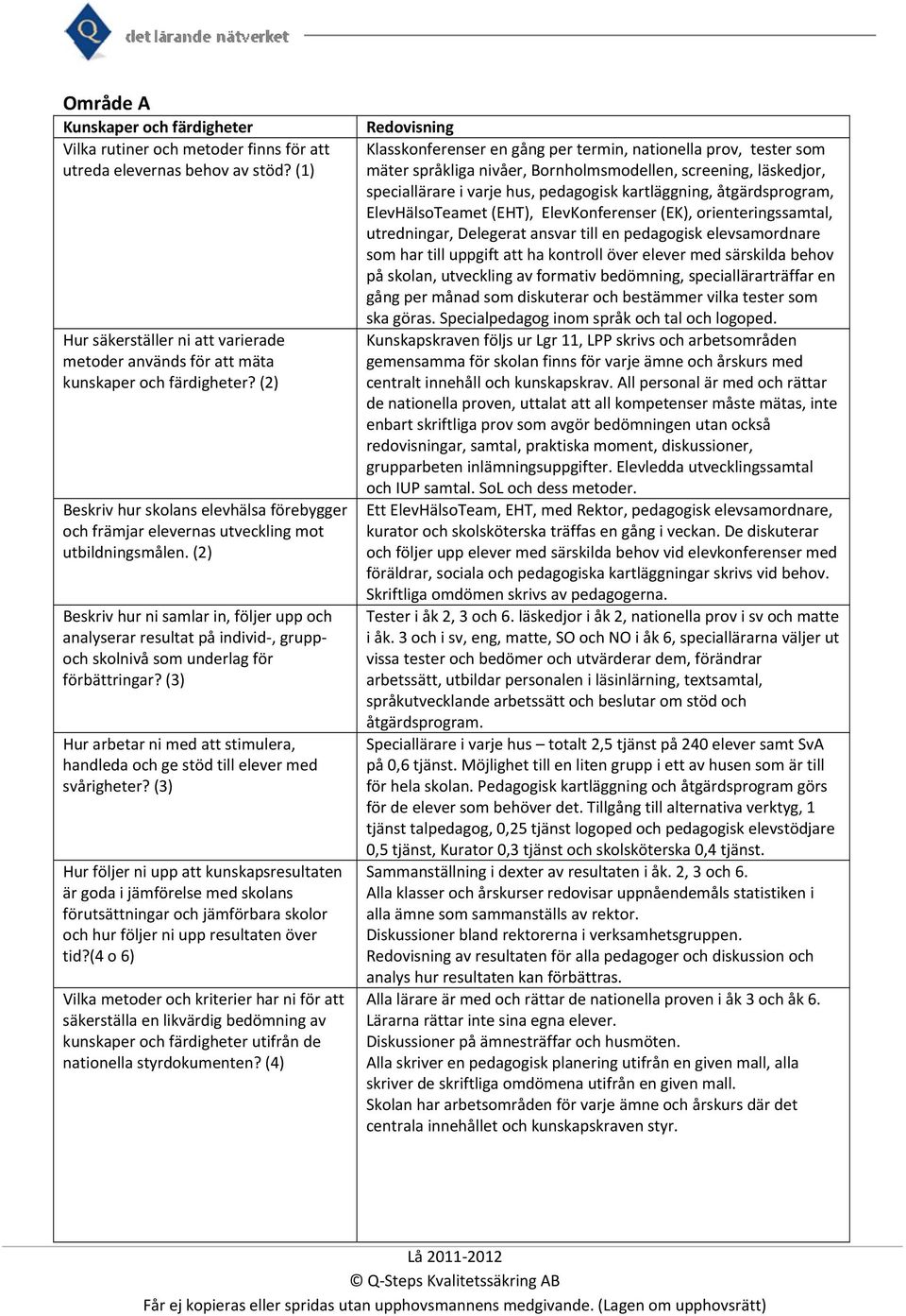 (2) Beskriv hur ni samlar in, följer upp och analyserar resultat på individ, gruppoch skolnivå som underlag för förbättringar?